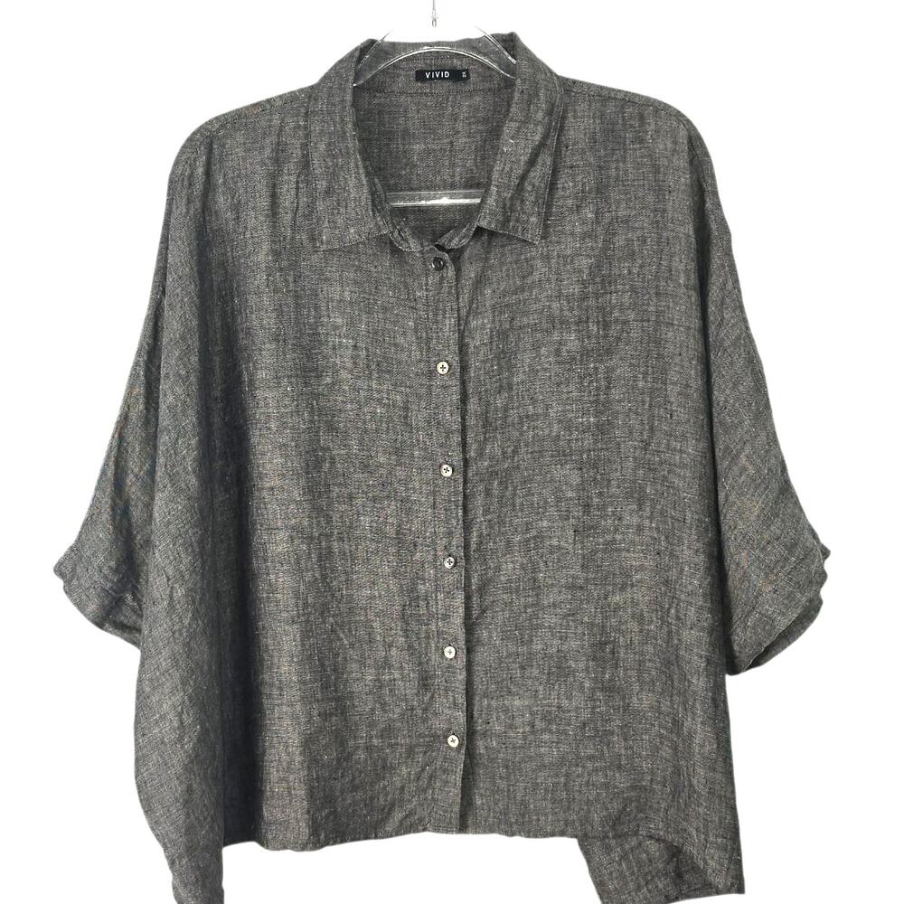 Vivid Button Front Top Short Sleeve 100% Linen Relaxed Boxy Fit Woven Gray 2X